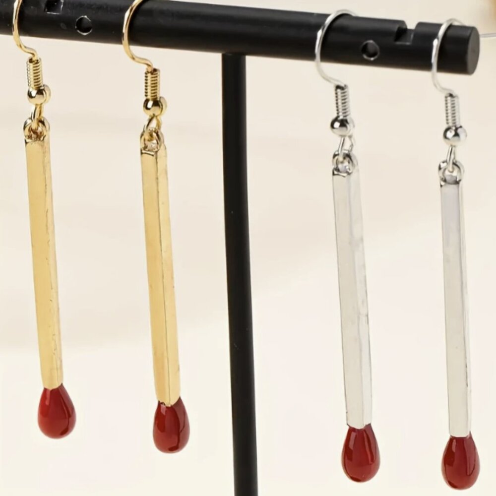Silver Matchstick Minimalist Trendy Streetwear Dangle Earrings NEW - Picture 4 of 6